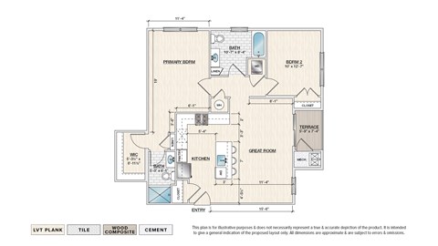 Floor plan for 2 beds, 2 baths, 1055 sqft